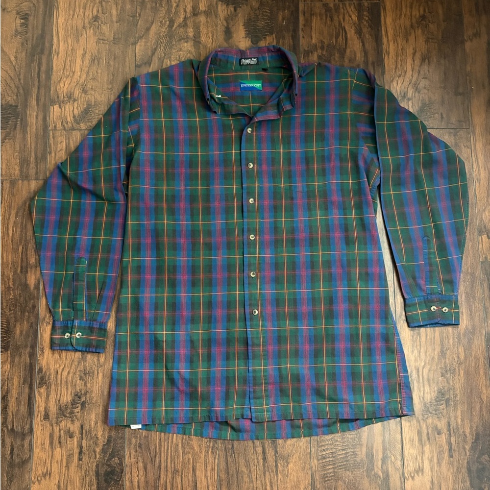 Men's Lightweight Green Blue Plaid Long-Sleeve Button-Down Shirt